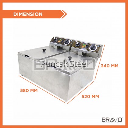 BRAVO [Electric Double Tank 17 Liter] Quality Commercial Heavy Duty Stainless Steel Table Top Restaurant Night Market Street Food Truck Kitchen Home Use Fried Tempura Crispy Chicken Nugget Potato Spring Deep Fryer Dapur Ayam Gunting Goreng