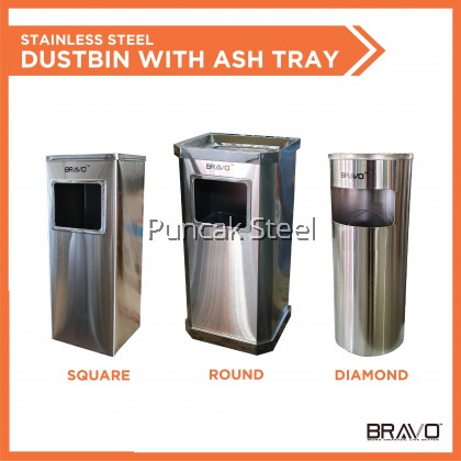 BRAVO Stainless Steel Quality Shiny Elegant Modern Commercial Office Hotel Airport Mall Restaurant Cafe Food Court Light Easy Cleaning Inner Basket Dustbin Rubbish Garbage Bin With Ashtray Round/Square/Diamond