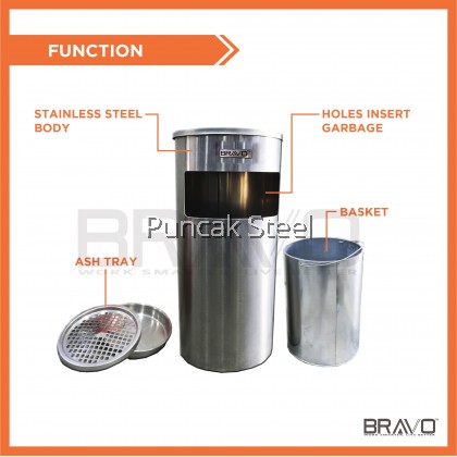 [READY STOCK] BRAVO Stainless Steel Quality Shiny Elegant Modern Commercial Office Hotel Airport Mall Restaurant Cafe Food Court Light Easy Cleaning Inner Basket Dustbin Rubbish Garbage Bin With Ashtray Round/Square/Diamond [SAME DAY DELIVERY]