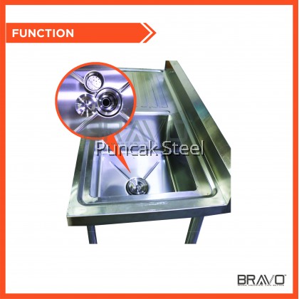 BRAVO [4x2 Feet Single Right Sink Bowl PSS-SBS-48R] Stainless Steel High Quality Sturdy Heavy Duty DIY Commercial Factory Canteen Cafeteria Restaurant Kitchen Home Free Standing Back Splash Single Bowl Sink With Table[PROVIDE HOLE DRILLING SERVICE]