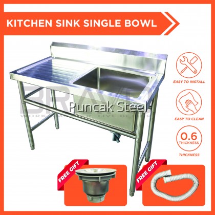 BRAVO [4x2 Feet Single Right Sink Bowl PSS-SBS-48R] Stainless Steel High Quality Sturdy Heavy Duty DIY Commercial Factory Canteen Cafeteria Restaurant Kitchen Home Free Standing Back Splash Single Bowl Sink With Table[PROVIDE HOLE DRILLING SERVICE]