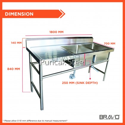 BRAVO [6 Feet Double Right Sink Bowl PSS-DBS-72R] Stainless Steel High Quality Sturdy Heavy Duty DIY Commercial Factory Canteen Cafeteria Restaurant Kitchen Home Free Standing Back Splash Double Bowl Sink With Table[PROVIDE HOLE DRILLING SERVICE]