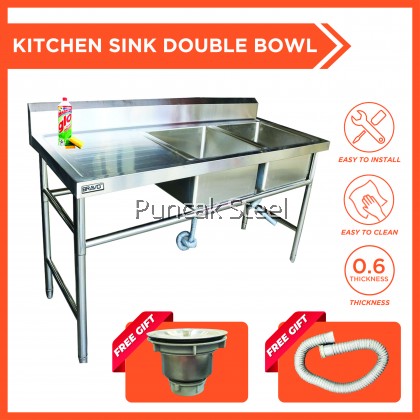 BRAVO [6 Feet Double Right Sink Bowl PSS-DBS-72R] Stainless Steel High Quality Sturdy Heavy Duty DIY Commercial Factory Canteen Cafeteria Restaurant Kitchen Home Free Standing Back Splash Double Bowl Sink With Table[PROVIDE HOLE DRILLING SERVICE]