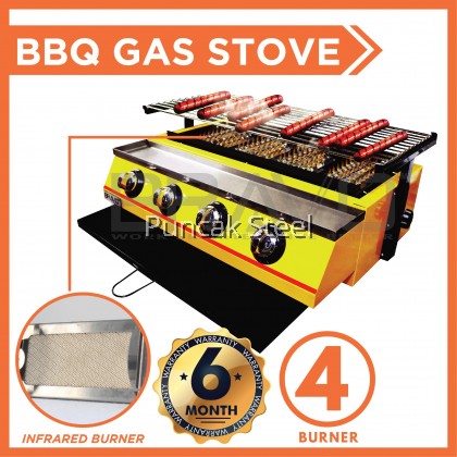BRAVO Gas 4 Burner*SHORT SIZE* Stainless Steel Quality Commercial Adjustable Height Temperature Portable Smokeless Infrared Thermal Technology Easy Cleaning Outdoor Chicken Dapur Bakar Ayam Ikan Lokcing Satay Barbecue Roasting Oven BBQ Grill Griller Stove