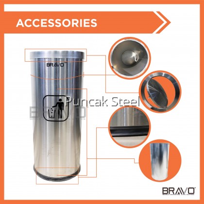 BRAVO FLAT TOP SMALL Stainless Steel Quality Shiny Elegant Modern Commercial Office Hotel Airport Mall Restaurant Cafe Food Court Light Easy Cleaning Inner Basket Dustbin Rubbish Garbage Bin With Flip-Top Cover