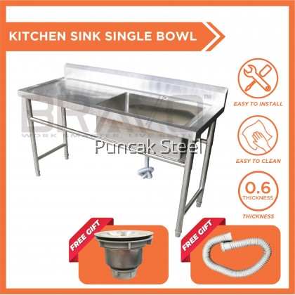 BRAVO [5x2 Feet Single Right Sink Bowl PSS-SBS-60R] Stainless Steel High Quality Sturdy Heavy Duty DIY Commercial Factory Canteen Cafeteria Restaurant Kitchen Home Free Standing Back Splash Single Bowl Sink With Table[PROVIDE HOLE DRILLING SERVICE]