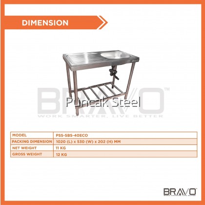 BRAVO [40x21 Inch Single Sink Bowl] SBS-40ECO Stainless Steel DIY Commercial Canteen Cafeteria Restaurant Kitchen Economy Light Easy Cleaning Home Use Free Standing Single Bowl Sink With Table + Free Accessory [PROVIDE HOLE DRILLING SERVICE]