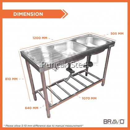 BRAVO [47x20 Inch Double Left Sink Bowl] DBS-48ECO Stainless Steel High Quality DIY Commercial Canteen Cafeteria Restaurant Kitchen Home Use Free Standing Double Bowl Sink With Table + Free Accessory-PROVIDE HOLE DRILLING SERVICE