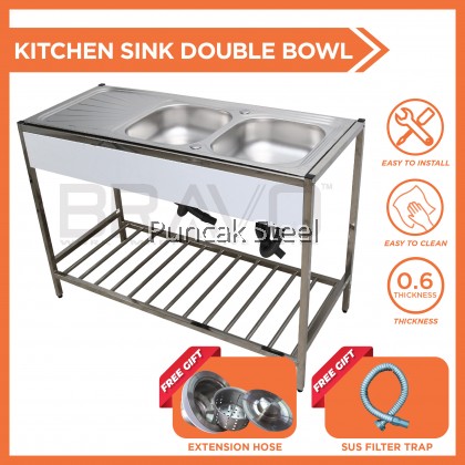 BRAVO [47x20 Inch Double Left Sink Bowl] DBS-48ECO Stainless Steel High Quality DIY Commercial Canteen Cafeteria Restaurant Kitchen Home Use Free Standing Double Bowl Sink With Table + Free Accessory-PROVIDE HOLE DRILLING SERVICE