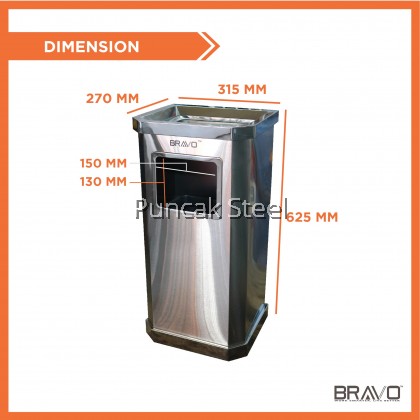 [READY STOCK] BRAVO Diamond Shape Stainless Steel Quality Shiny Elegant Modern Commercial Office Hotel Airport Mall Restaurant Cafe Food Court Light Easy Cleaning Inner Basket Dustbin Rubbish Garbage Bin With Ashtray Square [SAME DAY DELIVERY]