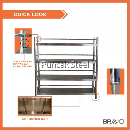 BRAVO [48 x 16 Inch] 4 Tier Stainless Steel Solid Multipurpose Kitchen Organizer Rack  Commercial Industry Heavy Duty Durable Thick High Quality Bakery Home Factory Cooling Baking Cake Muffin Cookie Chicken Storage Display Rack