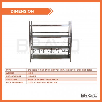 BRAVO [48 x 16 Inch] 4 Tier Stainless Steel Solid Multipurpose Kitchen Organizer Rack  Commercial Industry Heavy Duty Durable Thick High Quality Bakery Home Factory Cooling Baking Cake Muffin Cookie Chicken Storage Display Rack