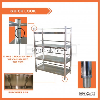 BRAVO [36 x 16 Inch] 4 Tier Stainless Steel Solid Multipurpose Kitchen Organizer Rack  Commercial Industry Heavy Duty Durable Thick High Quality Bakery Home Factory Cooling Baking Cake Muffin Cookie Chicken Storage Display Rack