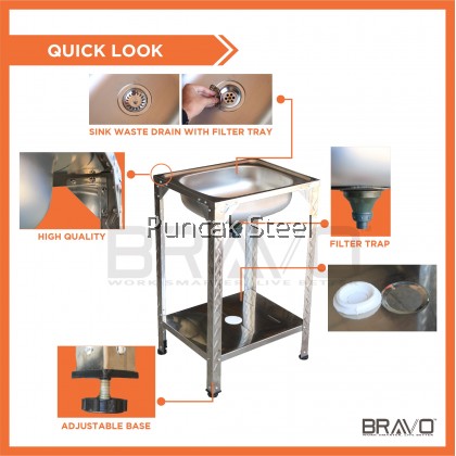 BRAVO Single Bowl Sink ECO TYPE (MPS5040) Kitchen Sink Sinki Dapur Stainless Steel Kitchen Table with Rack Single Bowl Sink Stainless Steel Sink Sinki Stainless Steel Double Sink Stainless Steel Free Standing With Table + Free Accessory