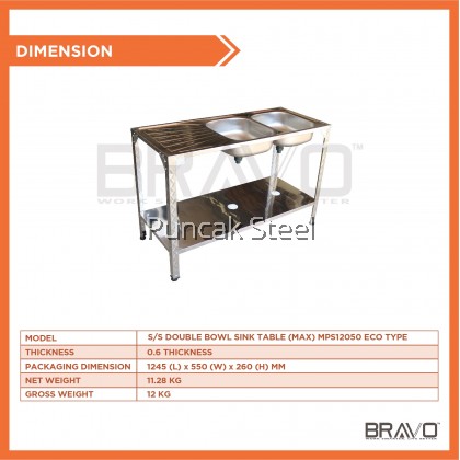 BRAVO (MPS12050) ECO TYPE Double Bowl Sink Stainless Steel Kitchen Sink Sinki Dapur Stainless Steel Kitchen Table with Rack Single Bowl Sink Stainless Steel Sink Sinki Stainless Steel Double Sink Stainless Steel